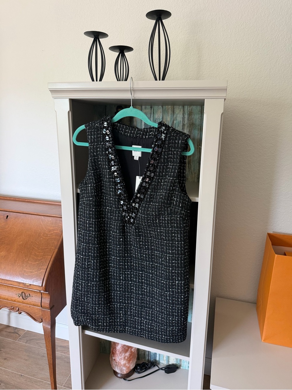Maeve Black Tweed Mini Dress with Beaded V-Neck